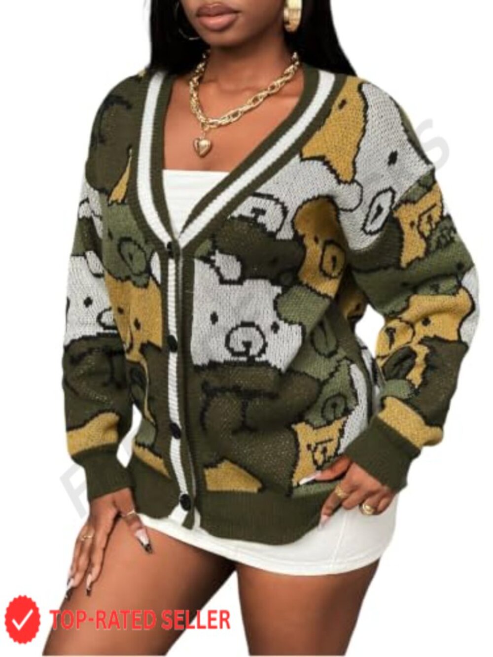 SISKIN Women's V Neck Button Down Bear Animal Print Cardigan Sweater